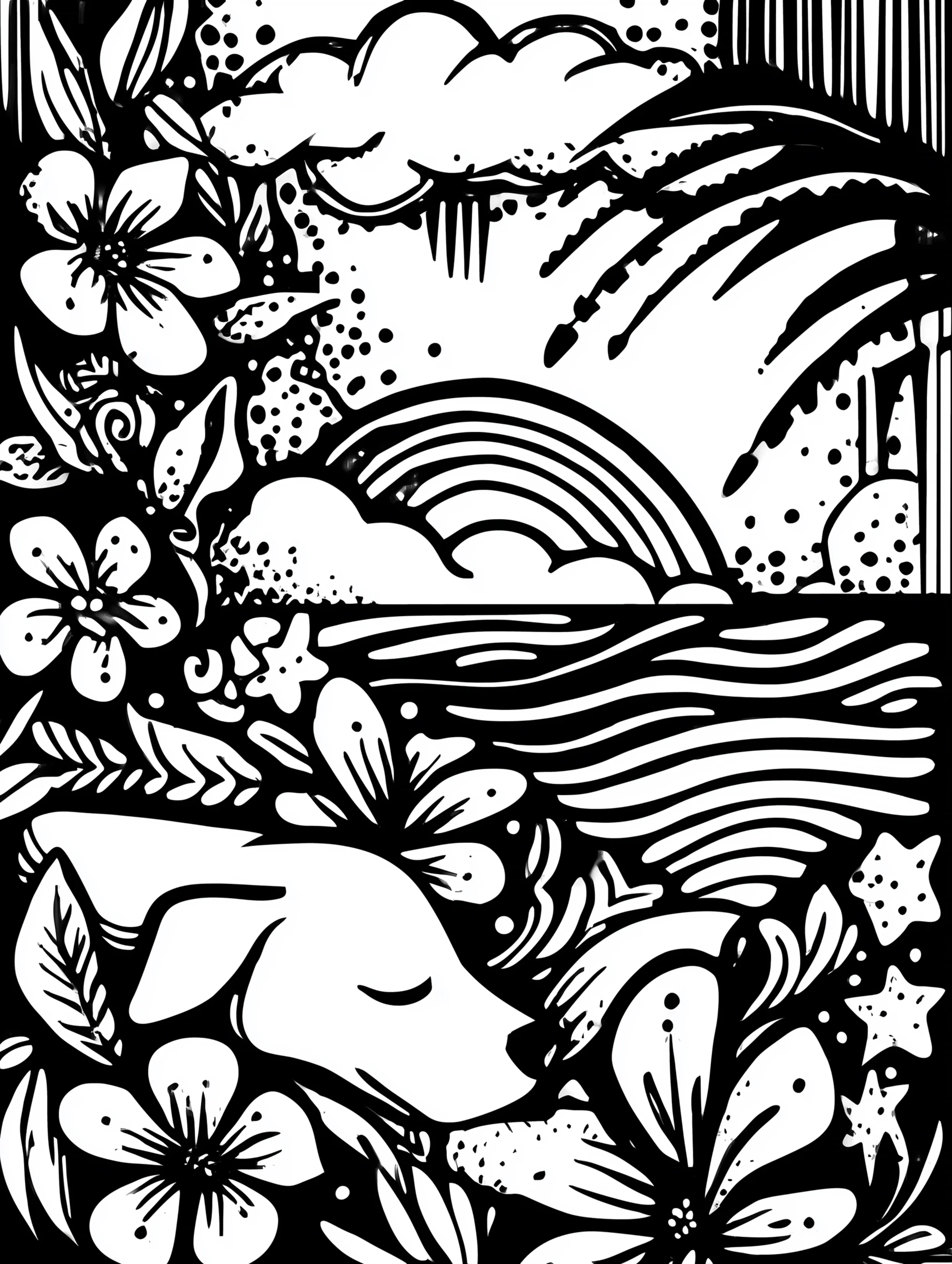 Free printable summer coloring page for adults featuring a sleepy dog resting on the beach